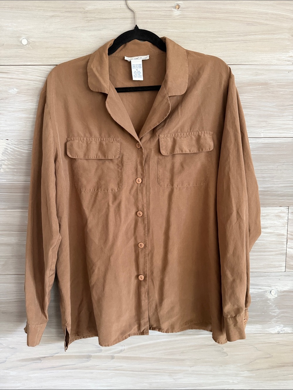 Anna and Frank Vintage 90s Women’s Silk Button-Up Shirt in Camel